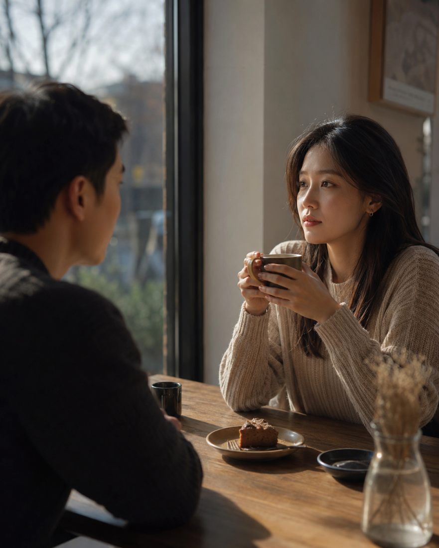 창가에 마주 앉아 차를 마시며 대화하는 커플